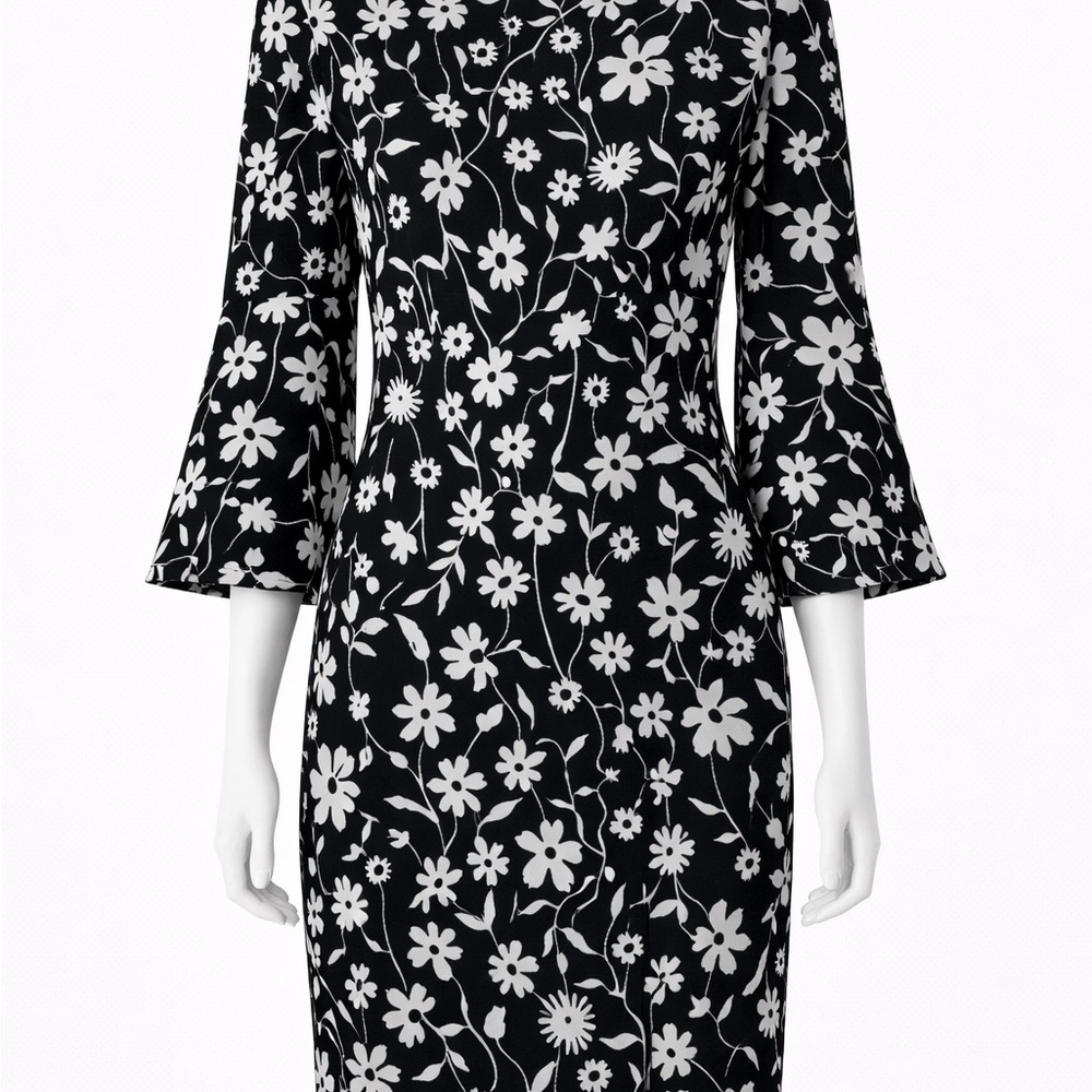 Black & White Floral Midi Dress - Elegant Women's Dress